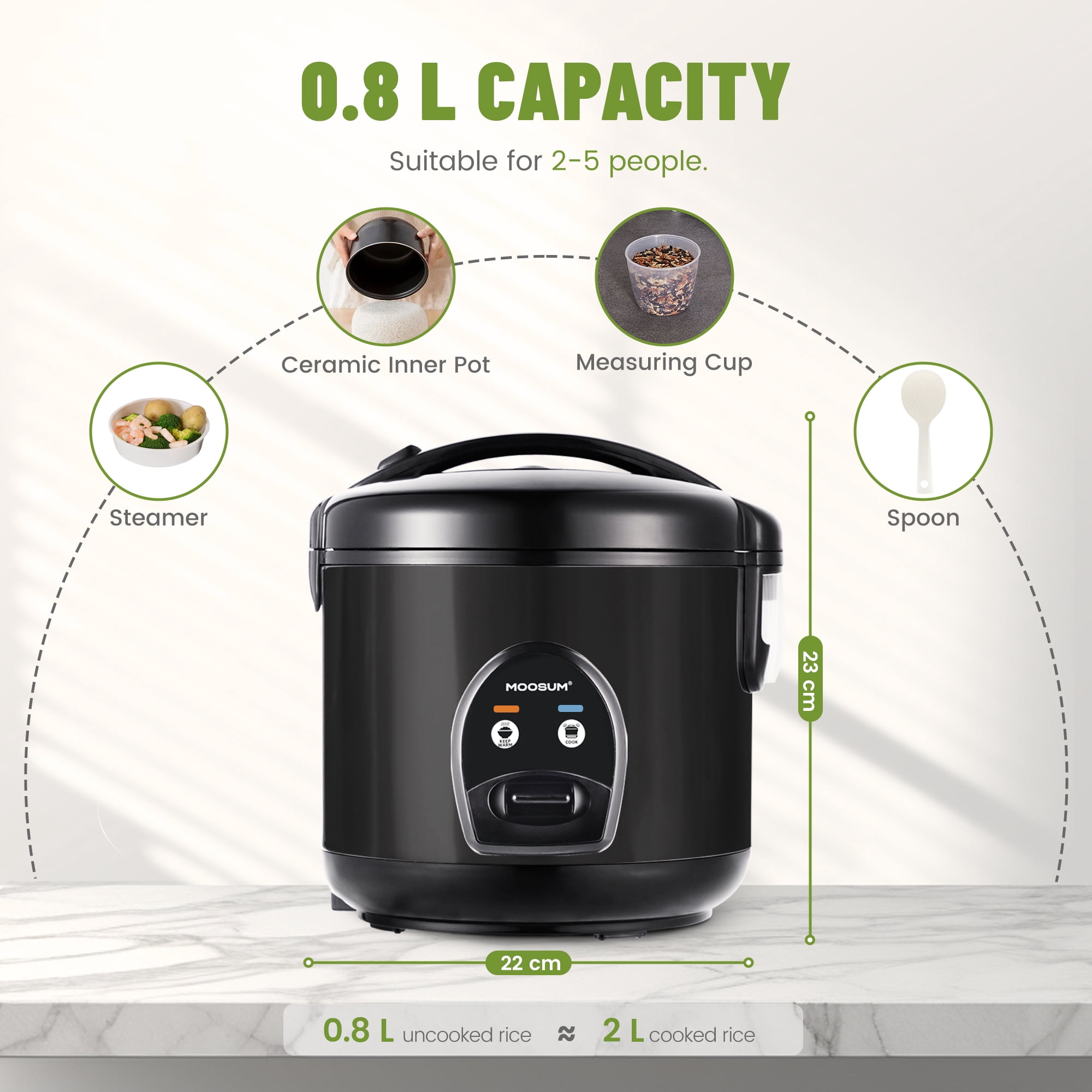 MOOSUM Electric Rice Cooker with One Touch for Asian Japanese Sushi Rice, 5-cup Uncooked, Fast&Convenient Cooker with Steamer, Removable Inner Cover and Auto Warmer, Black