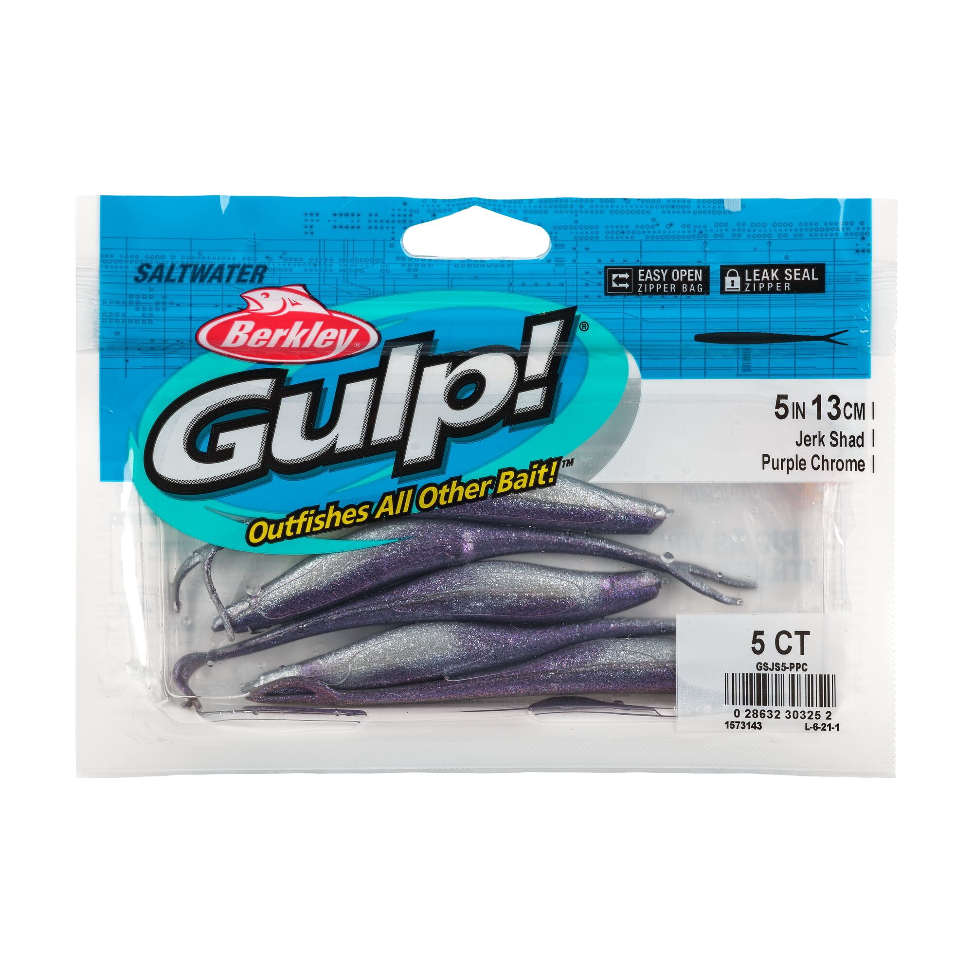 Berkley Gulp!® Saltwater Jerk Shad, 5 in, Jerkbaits, Purple Chrome (5 Count)