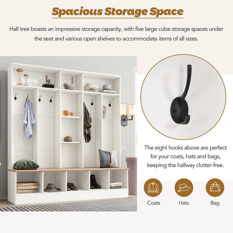 Modern Hall Tree with Storage Bench, Entryway Coat Rack with 8 Hooks, Shoe Cabinet with 5 Cube Compartments and Shelves, Multifunctional Mudroom Organizer for Entryway, Hallway, Living Room