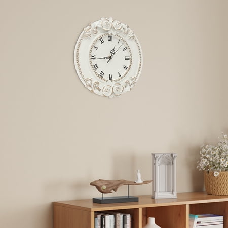 Vintage European Rose Wall Clock 12 - Silent Non-Ticking Quartz Battery Operated, Large Retro Resin Clock with 3D Rose Design for Living Room Bedroom Office Decor - White Gold Art Home Gift