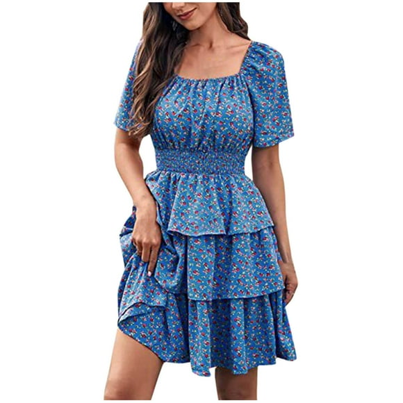 Lolmot Dresses for Women, Womens Popular Floral Summer Short Sleeved Layered Pleated Bohemian Dress