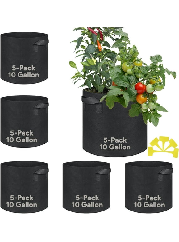 Grow Bags 10 Gallon 5 Pack Large Fabric Pots Heavy Duty 300g Thickened Nonwoven Grow Bags with Handles for Vegetable Fruits Flowers Indoor Outdoor Garden Pots for Plants(16" Dia x 12" H)