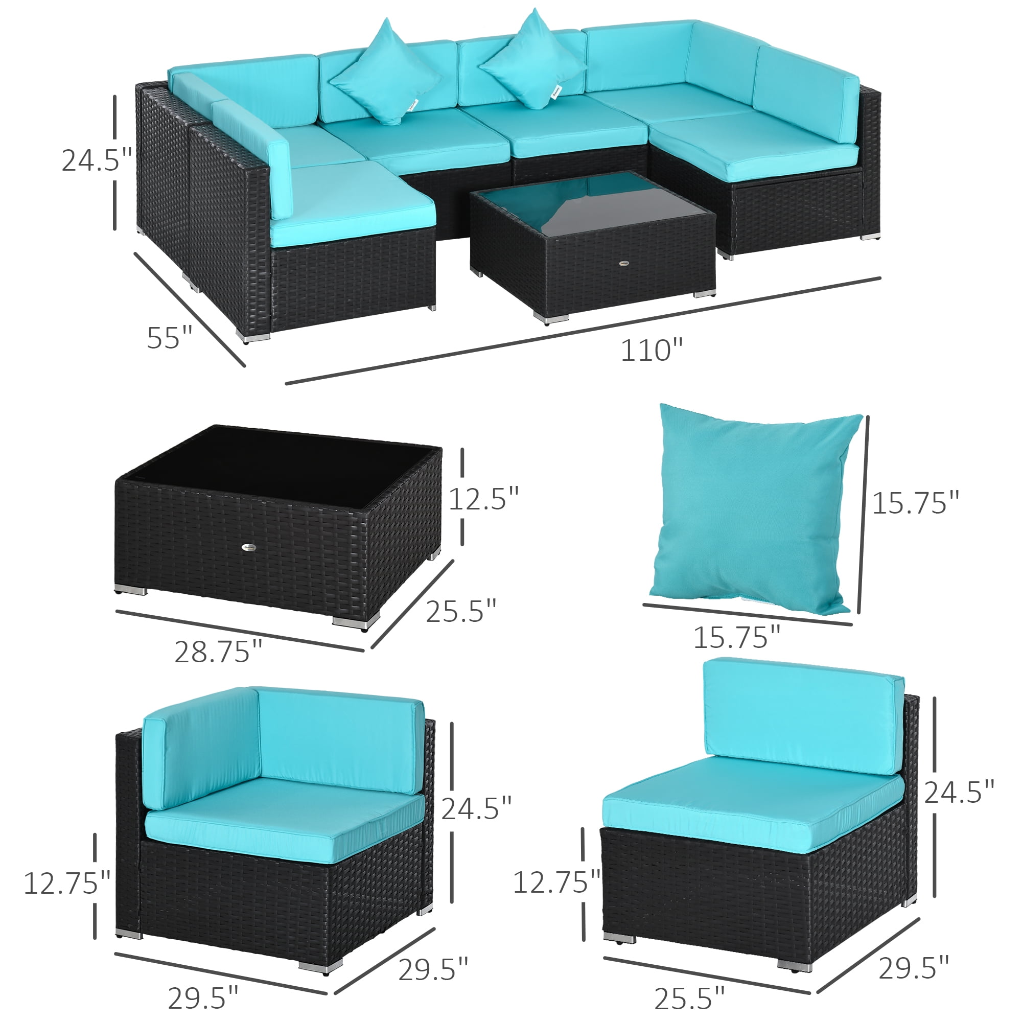 Outsunny 7 Piece Outdoor Patio Furniture Set, PE Rattan Wicker Sectional Sofa Set with Couch Cushions, Pillows, Coffee Table, Turqoise