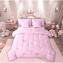 Manfei Cartoon Ribbon Teens Twin Bedding Sets 7-Piece, Kawaii Pink Floral Bedding Comforter Set, Princess Bowknot Bow Reversible Sheet Sets, Luxury Bedroom Decor