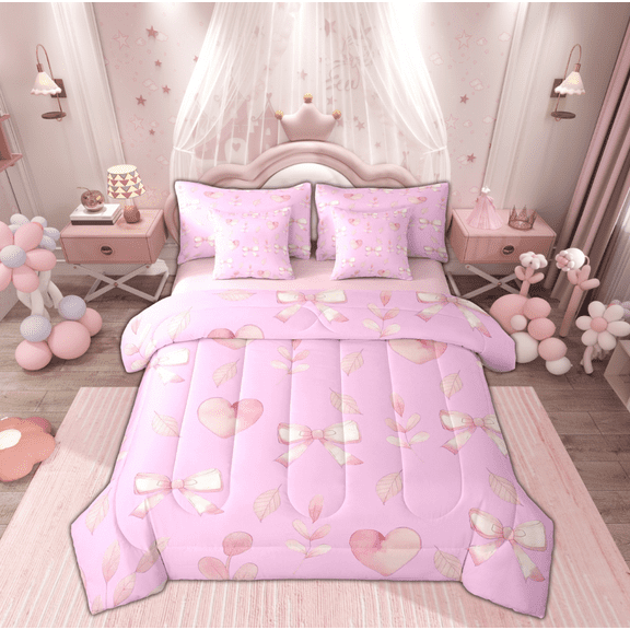 Manfei Cartoon Ribbon Teens Twin Bedding Sets 7-Piece, Kawaii Pink Floral Bedding Comforter Set, Princess Bowknot Bow Reversible Sheet Sets, Luxury Bedroom Decor