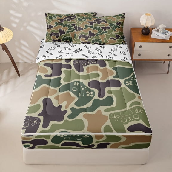 Homewish Camouflage Game Controller Zipper Twin Comforter Sets with Fitted Sheet and 2 Pillowcases,Modern Gaming Zipper Bedding Set,Brown Green,Gamepad Reversible,4pcs