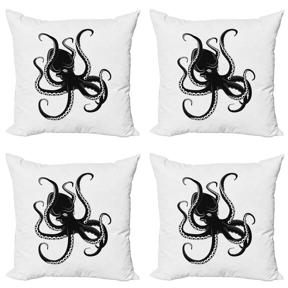 Ambesonne Octopus Throw Pillow Cover 4 Pack, Sea Animal Ready for Attack, 20", White Charcoal Grey