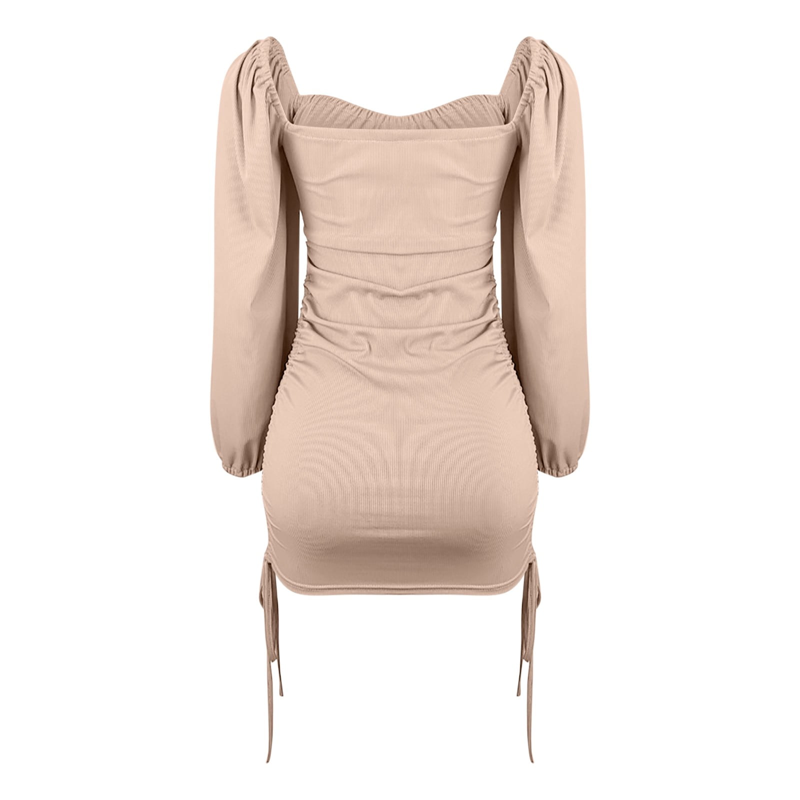 Pxiakgy summer dresses for women Women's Dresses Long Sleeve Drawstring Ruched Ribbed Solid Color Dress Tight Casual Dress womens dresses casual dresses for women Beige + L