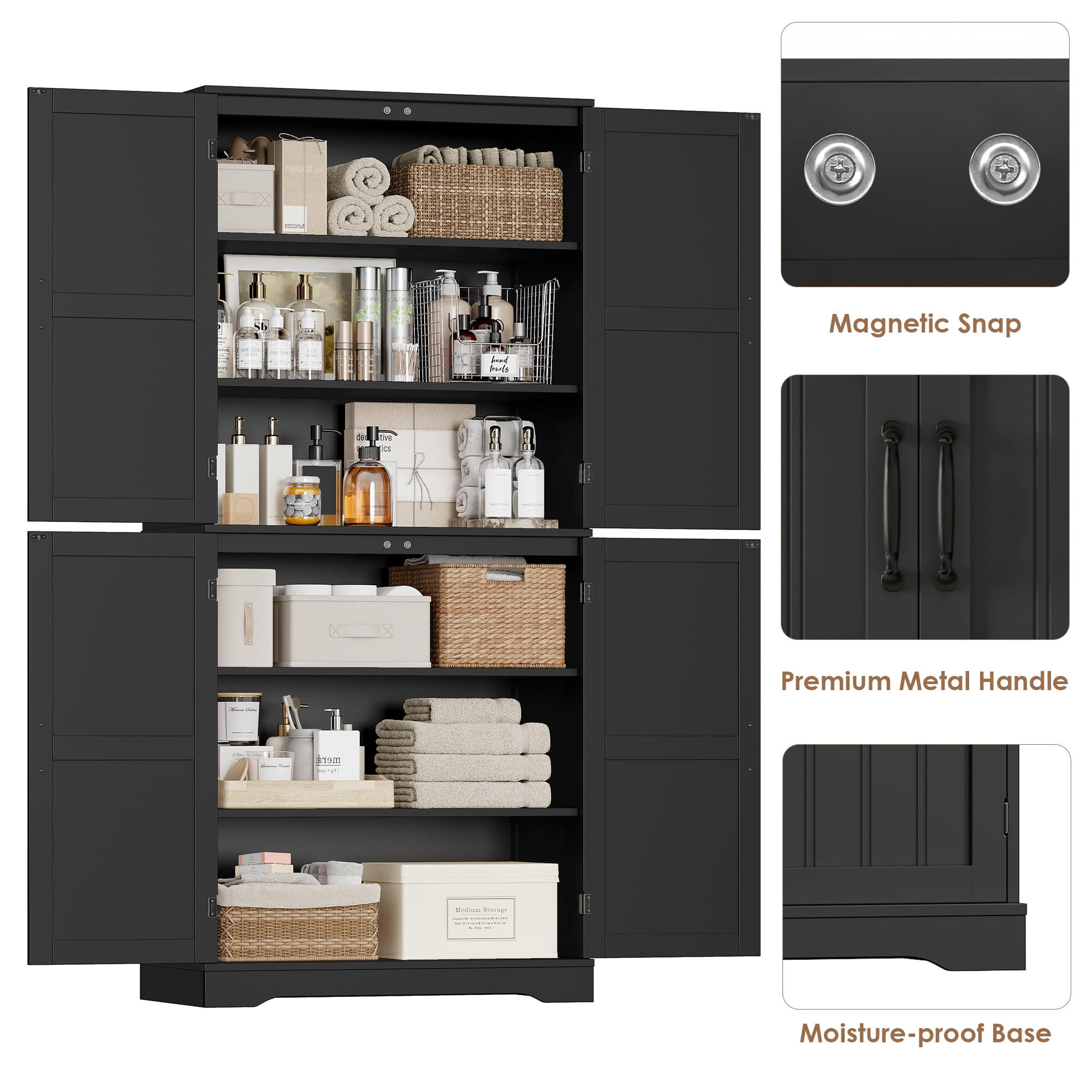Homfa 71'' Bathroom Cabinet with 6 Storage Shelves, Freestanding Wooden Linen Cabinet for Living Room, Black