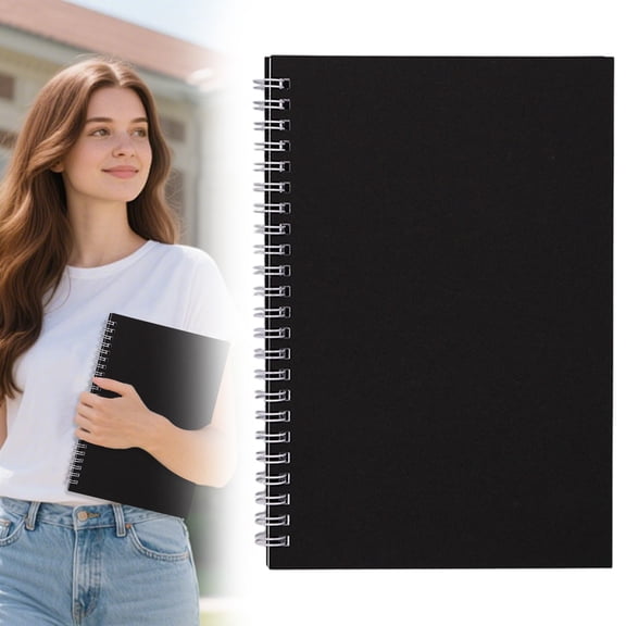 Blank Spiral Notebook, 5" X 8" Hardcover Sketch Book, Glossy Card Cover Leather Grain Texture, 180掳 Lay-Flat Binding, for School Work, Black