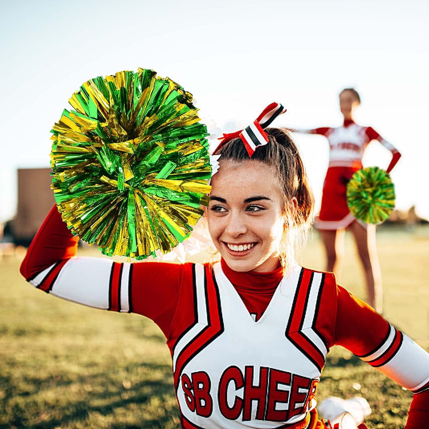 LINLIN Pom Poms Cheerleader 2 Pieces Metallic Cheerleading Pompons Flower Ball, Aerobics Cheerleading Pom Poms, for Sports Dance Cheerleading Pompons Plastic