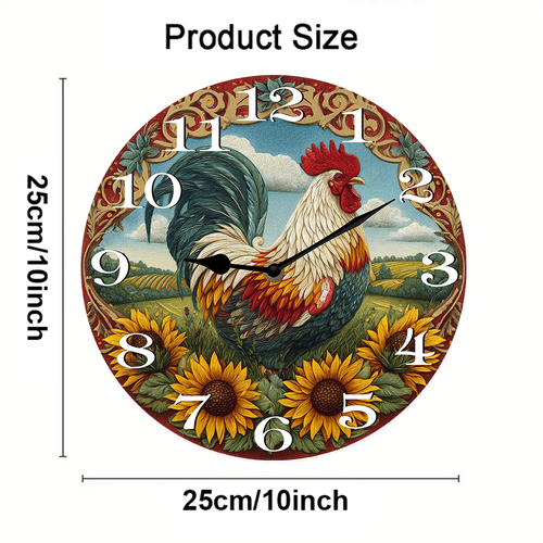 Kurmntregon Farmhouse Rooster Wall Clock Chicken Kitchen Wooden Decorative Wooden Battery Operated Quartz Silent Hanging Clock For Bedroom Living Room Kitchen Coffee Bar Round 10"