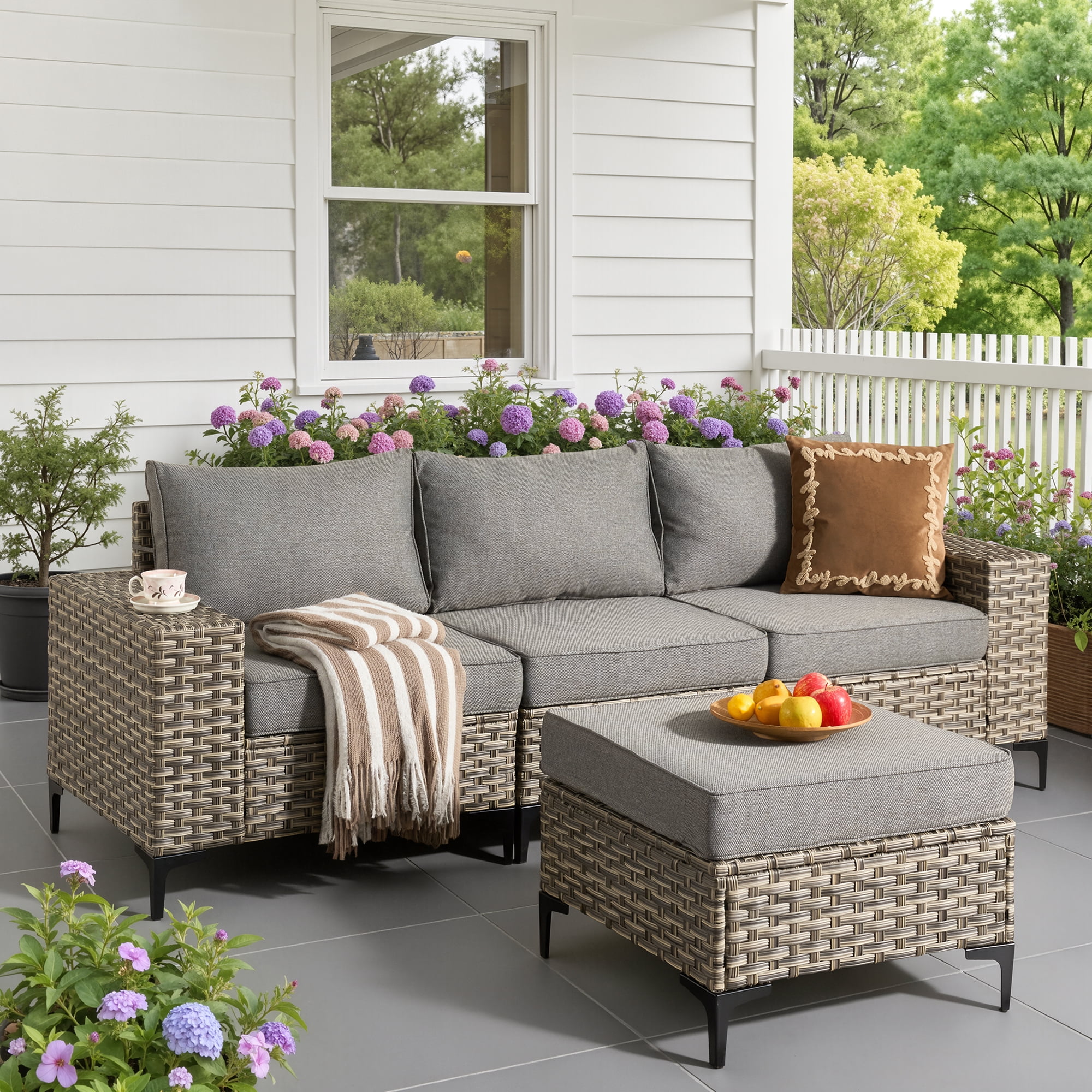Ovios 4 Pieces Wicker Patio Furniture Sets Outdoor Conversation Sectional Sofa for Backyard Deck