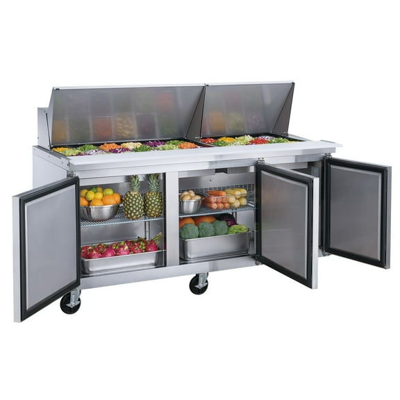72 in. Three Door Commercial Food Prep Table Mega Top Refrigerator in Stainless Steel 17.58 cu. ft.