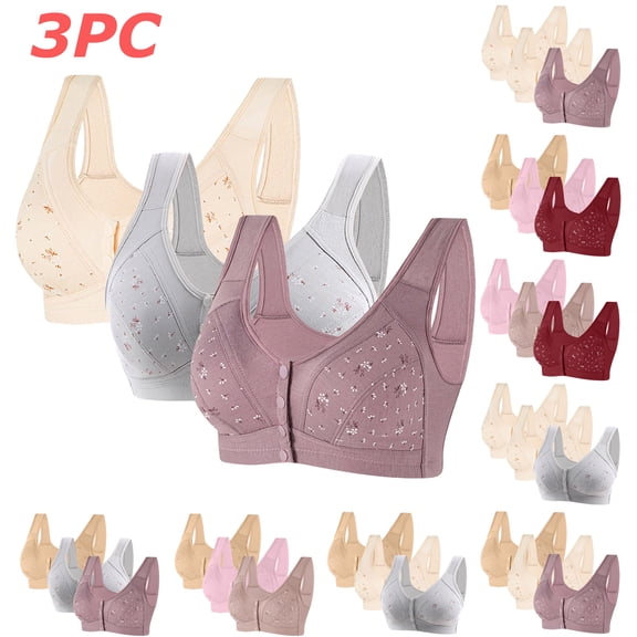 Tqyyweavej 3 Pack Daisy Bras for Older Women Front Closure Full Coverage Push Up Bras Lightly Lined Cotton Wireless Bras S-4XL