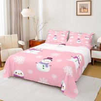 Homewish Cartoon Snowman Snowflake 4 Pieces Queen Sheet Sets For Preppy Children Kids,Merry Christmas Ultra Soft Flat Sheet,Happy Winter Xmas Queen Fitted Sheet,Luxury Bedroom Decor