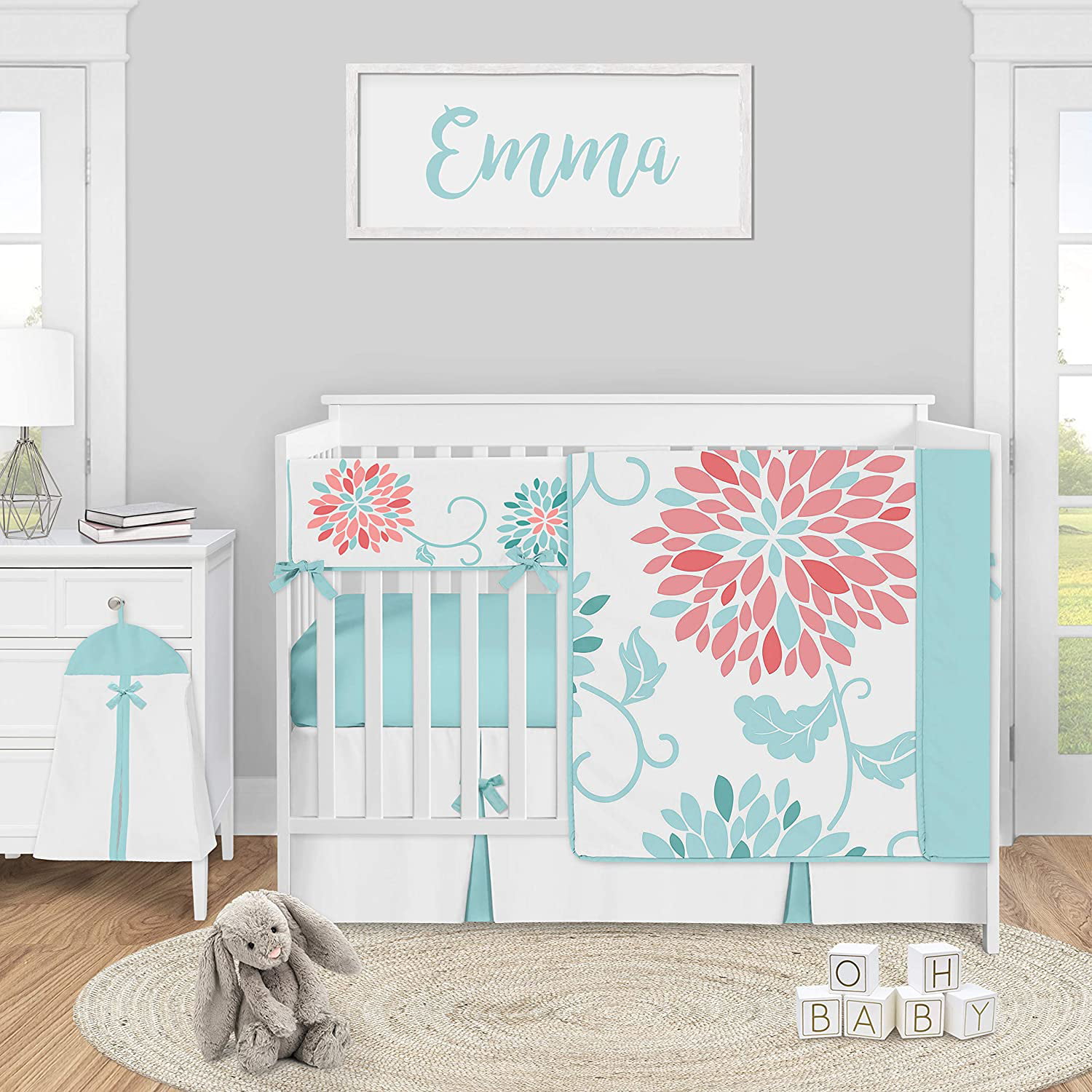 Coral Blue Floral Baby Crib Skirt Or Dust Ruffle For Sweet Jojo Emma Bedding Set 