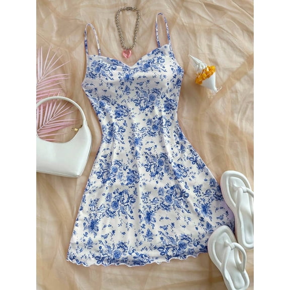 Blue Floral Print Draped Neck Cami Slip Dress For Women Summer Casual A-Line Mini Dress
