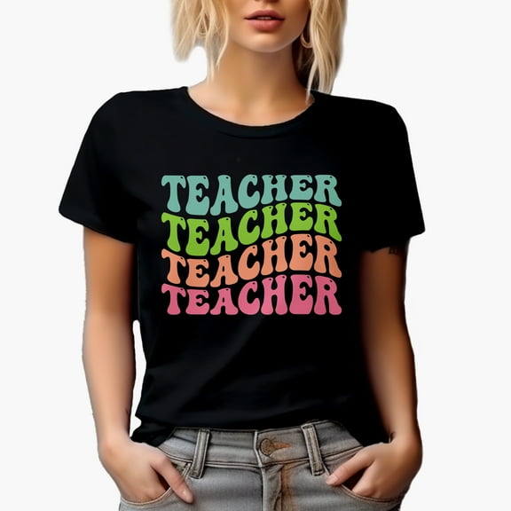 Teacher, Teaching or School Themed, Groovy Retro Wavy Text Merch Gift, Black T-Shirt, Small