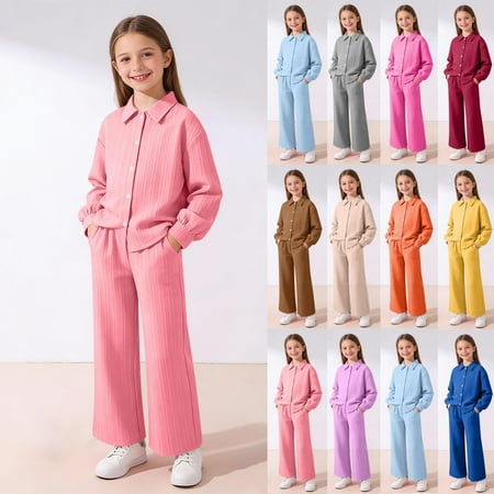 THDHVS Girls Clothing Sets Outfits for Girls Solid Color Button Down Shirt and Elastic Waist Pants Set for Big Girls Smart Casual School Wear 9-10 Years