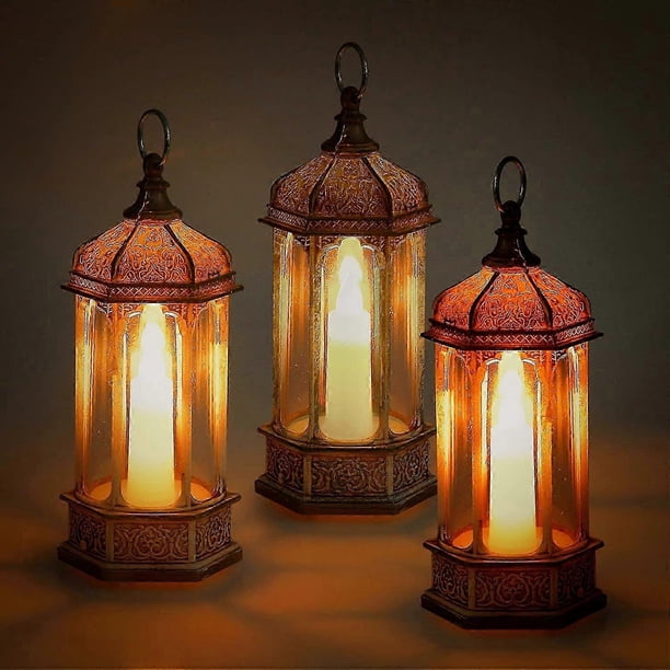Hexagonal Candle Lantern with Lights, Set of 3 Decorative Lanterns-6.1 inch, Lanterns Decorativ
