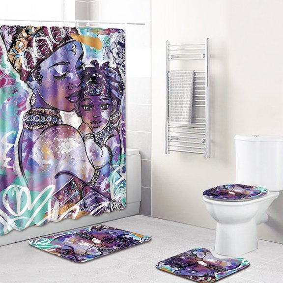 4 Pcs Bathroom Shower Curtain Set,Bathroom Sets with Rugs(Bath Mat,U Shape and Toilet Lid Cover Mat) and 12 Hooks,African Girls