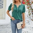 thumbnail image 2 of OSOLU Women Fashion Casual Solid Color Women V-Neck Button Ruffle Edge T-Shirt Short Sleeve Tshirts Tee Tops Leisure Dailywear, 2 of 5