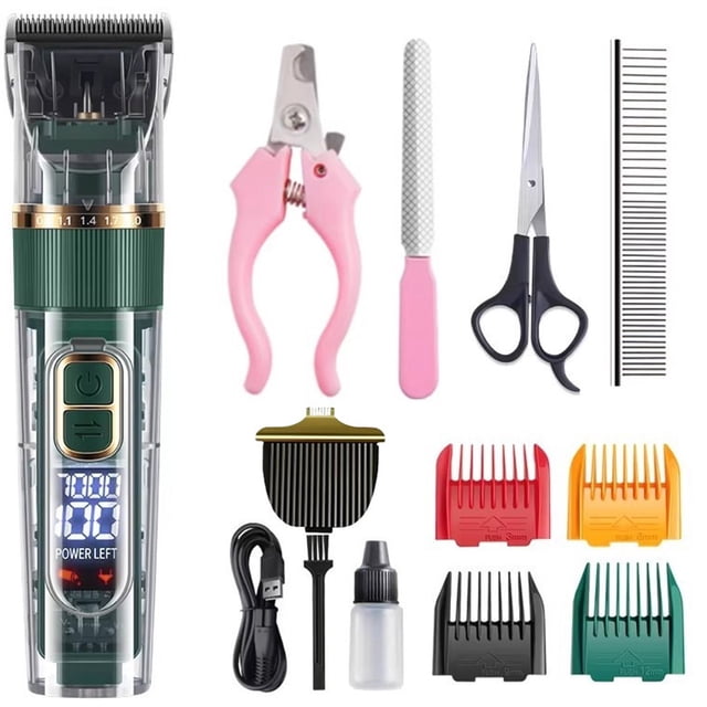 Professional, low-noise IPX7 waterproof dog clippers, suitable for long and thick coats, complete pet grooming set, green.