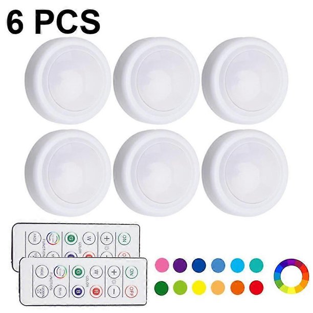 Luz nocturna Piao de 6 piezas con 16 colores cambiables, luces LED de disco, funciona con pilas, regulable, luces debajo del gabinete, inalámbricas, con 2 controles remotos y Ti