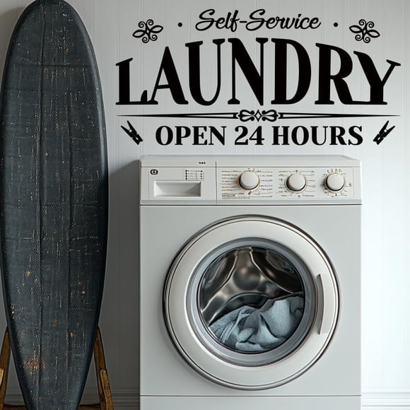 24 Hours Laundry Wall Stickers Open 24 Hours Wall Decals Self Service Laundry Room Stickers Vinyl Black Wall Art Decal for Laundry Room Home Wall Door Decor 96x30cm