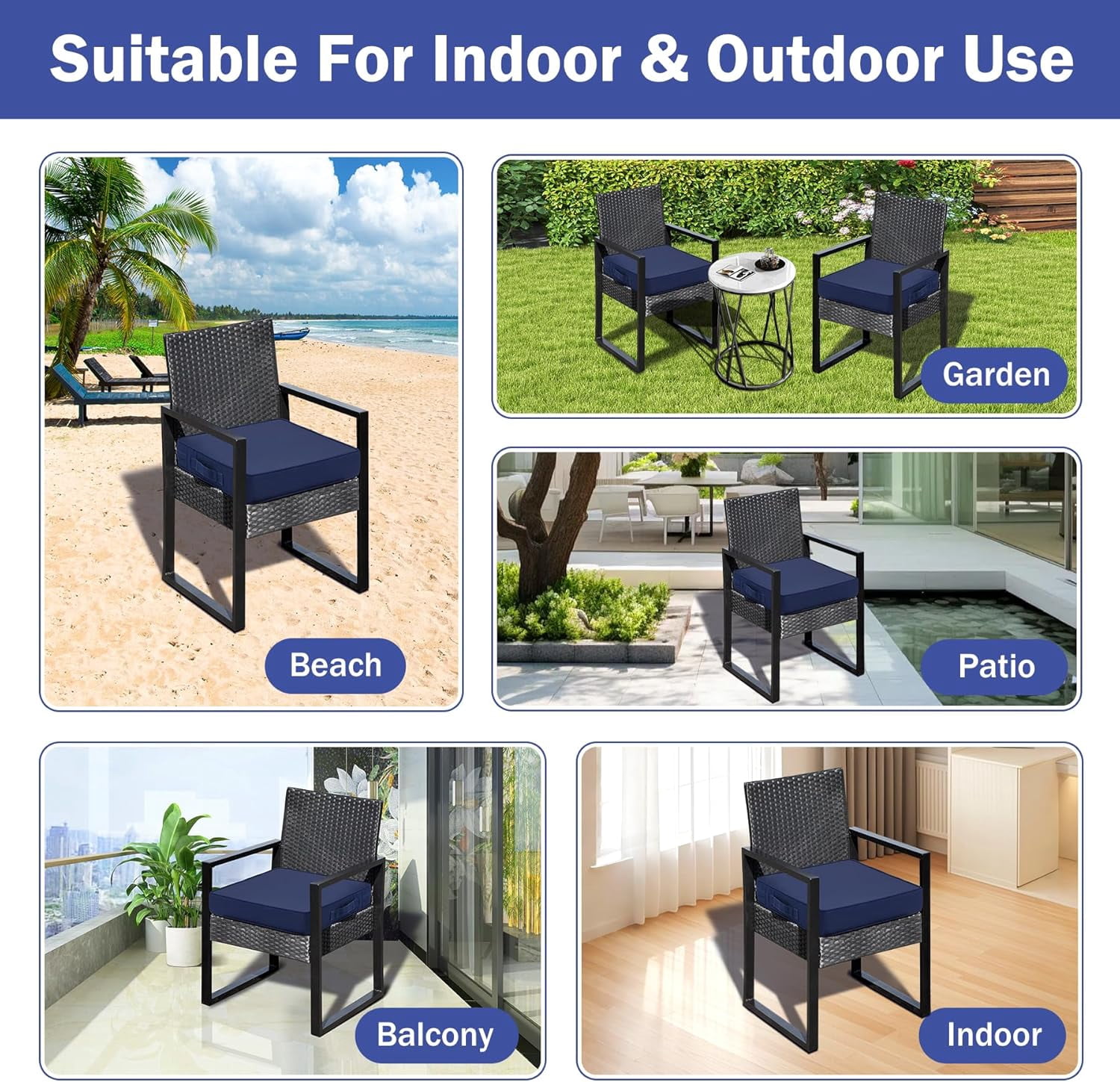 Patio Chair Cushions, 19" x 19" x 3" Outdoor Chair Cushions Set of 4, Waterproof Outdoor Cushions for Patio Furniture, Outdoors Seat Cushions Set of 4 with Handle and Ties, Navy Blue