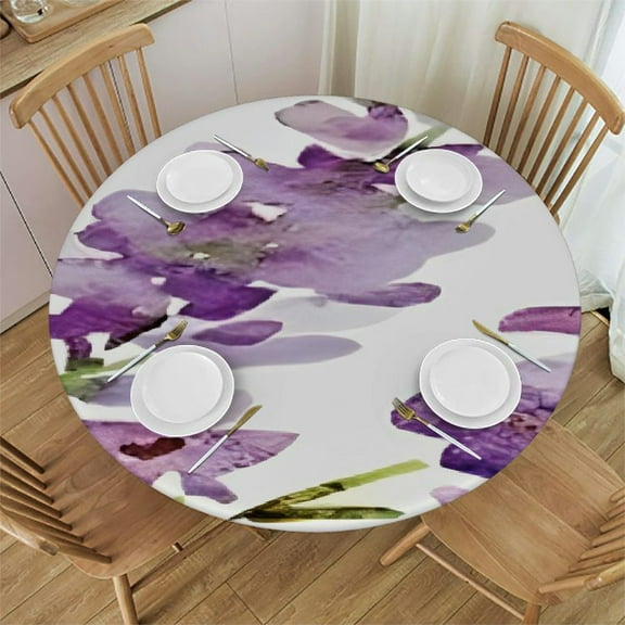 HAOXIT Floral Round Tablecloth with Elastic Edge, Branches of Watercolor Flowers in Spring Color Shades Lavender and Violet Bouquet, Suitable for Restaurant Kitchen Parties, Fit for Round Table 31-35