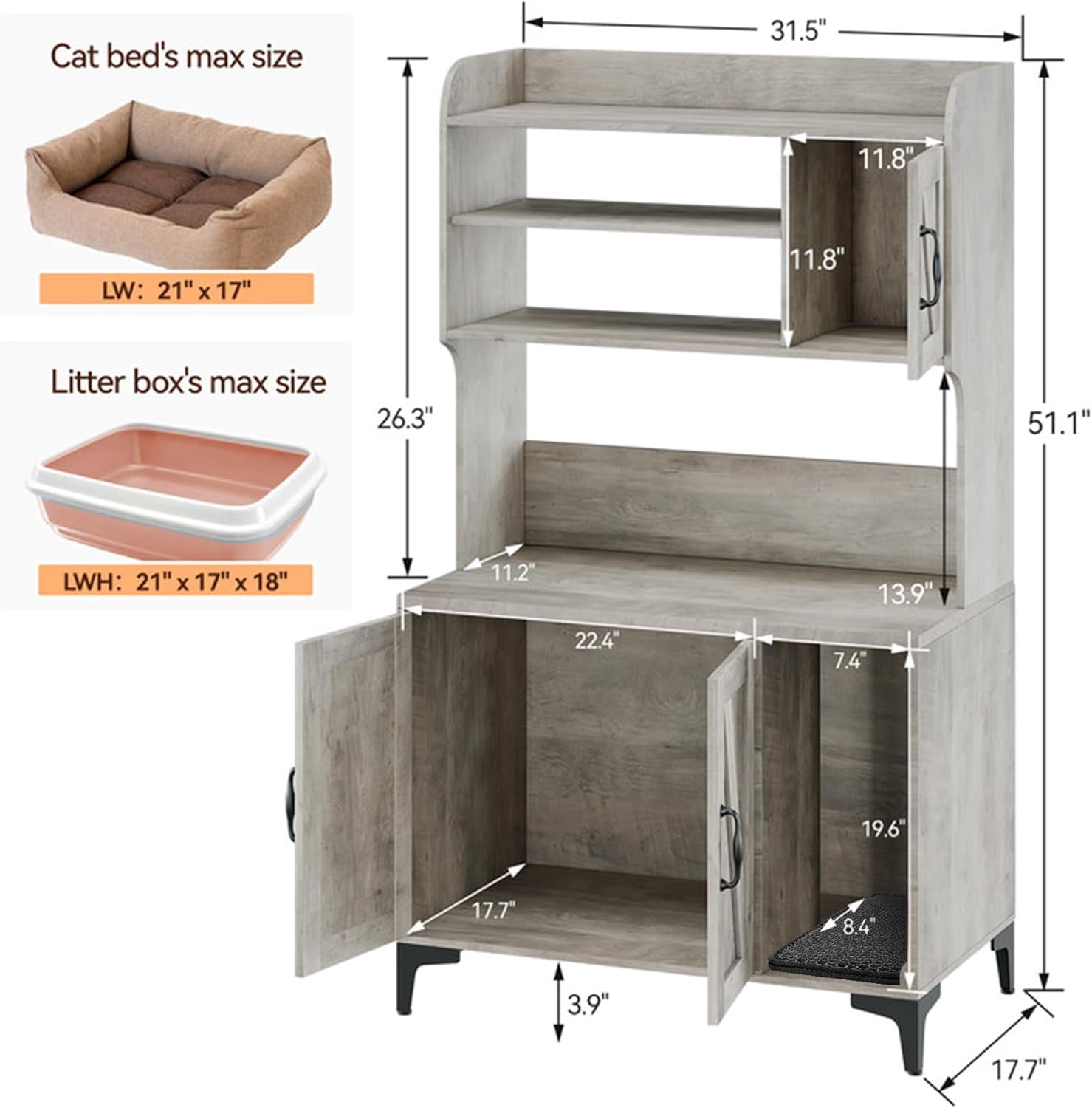 Litter Box Enclosure with Platform,51.1 inch Large Cat Litter Box Enclosure Furniture with 4 Layer Storage Shelves,Hidden Litter Box Cabinet,Multi-Functional Cat House & Washroom