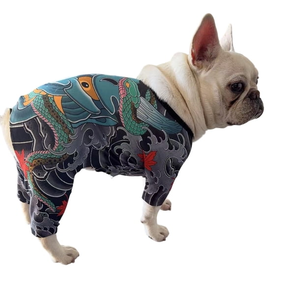 YAWUBT Dog Tattoo Print Jumpsuit for French Bulldog Pug Corgi Pitbull, Stylish Full-Body Pet T-Shirt, 4-Legged Dog Outfit for Small Medium Breeds, All-Season