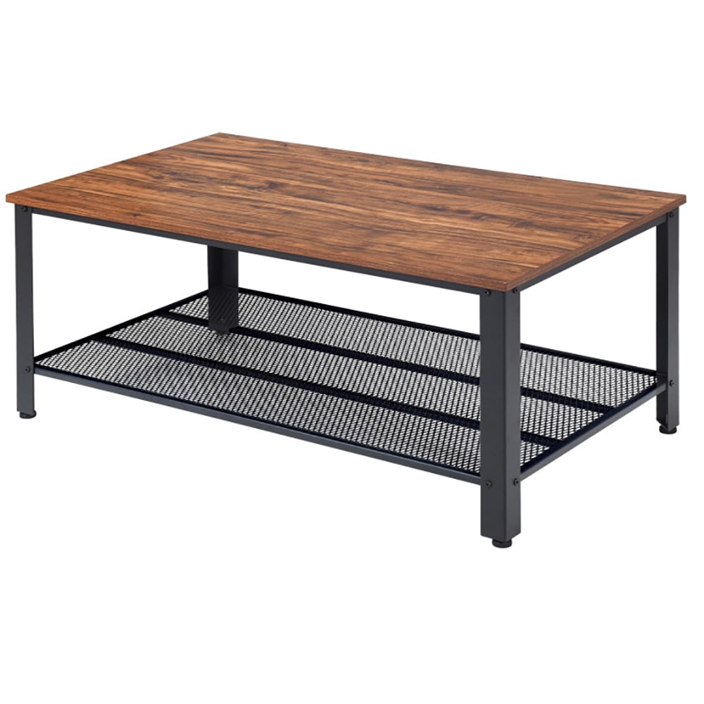 Finihen Wooden Coffee Table, Metal Frame Wood Coffee Table Console Table with Storage Shelf, for Living Room, Reception Room, Office, Brown