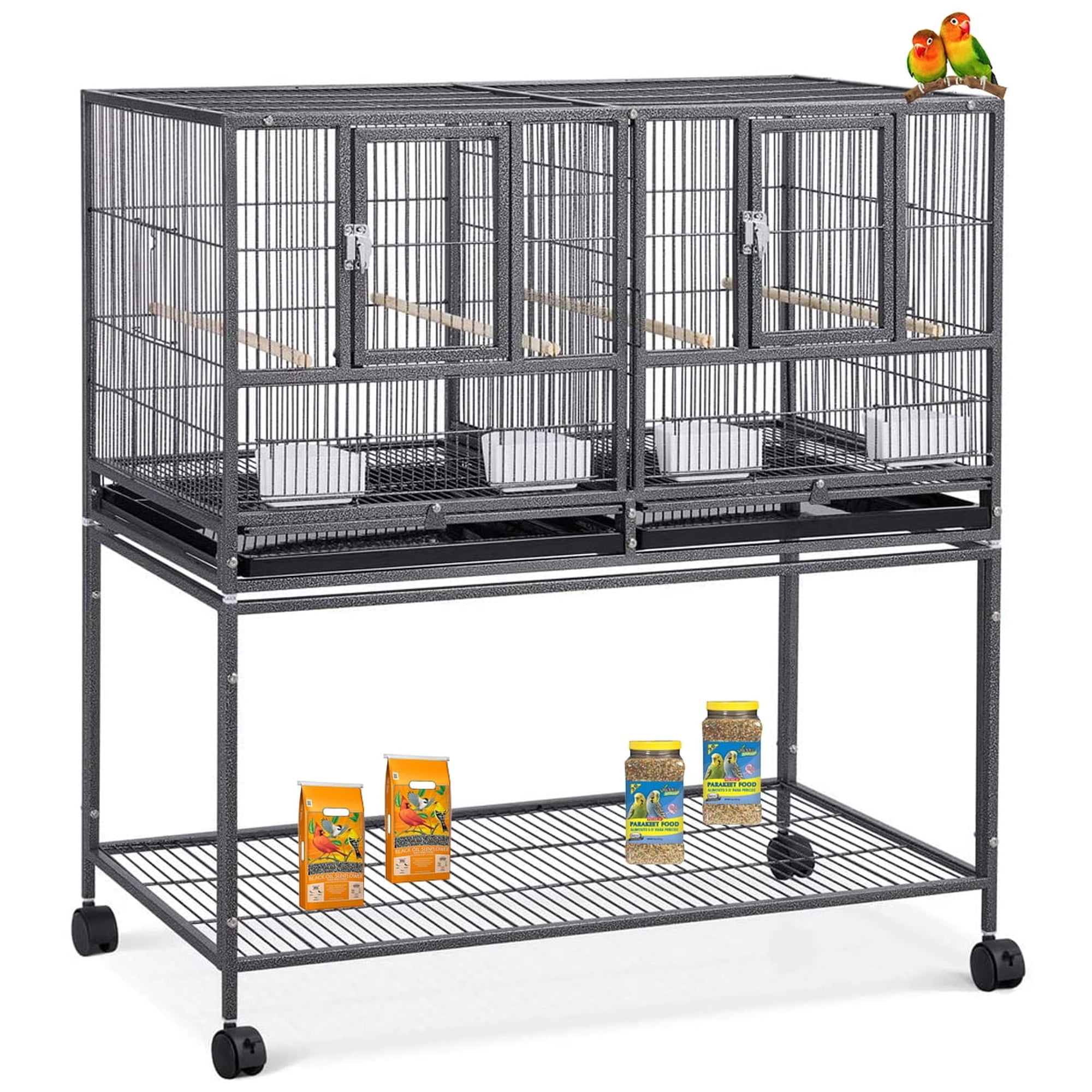 42" Stackable Center Sturdy Wrought Iron Divided Breeder Breeding Bird Flight Rolling Cage With Side Breeding Nest Doors for Canaries Cockatiels Lovebirds Finches Budgies Small Parrots
