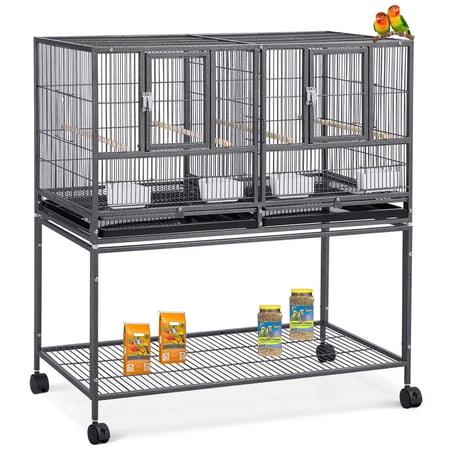 42" Stackable Center Sturdy Wrought Iron Divided Breeder Breeding Bird Flight Rolling Cage With Side Breeding Nest Doors for Canaries Cockatiels Lovebirds Finches Budgies Small Parrots