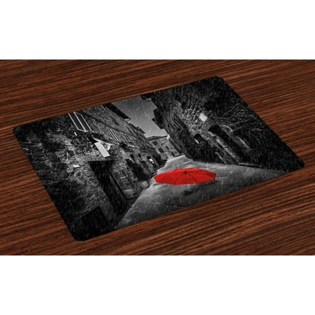 Black and White Placemats Set of 4 Red Umbrella on a Dark Narrow Street in Tuscany Italy Rainy Winter, Washable Fabric Place Mats for Dining Room Kitchen Table Decor,Grey Vermilion, by (Best Place To Stay In Tuscany With Kids)