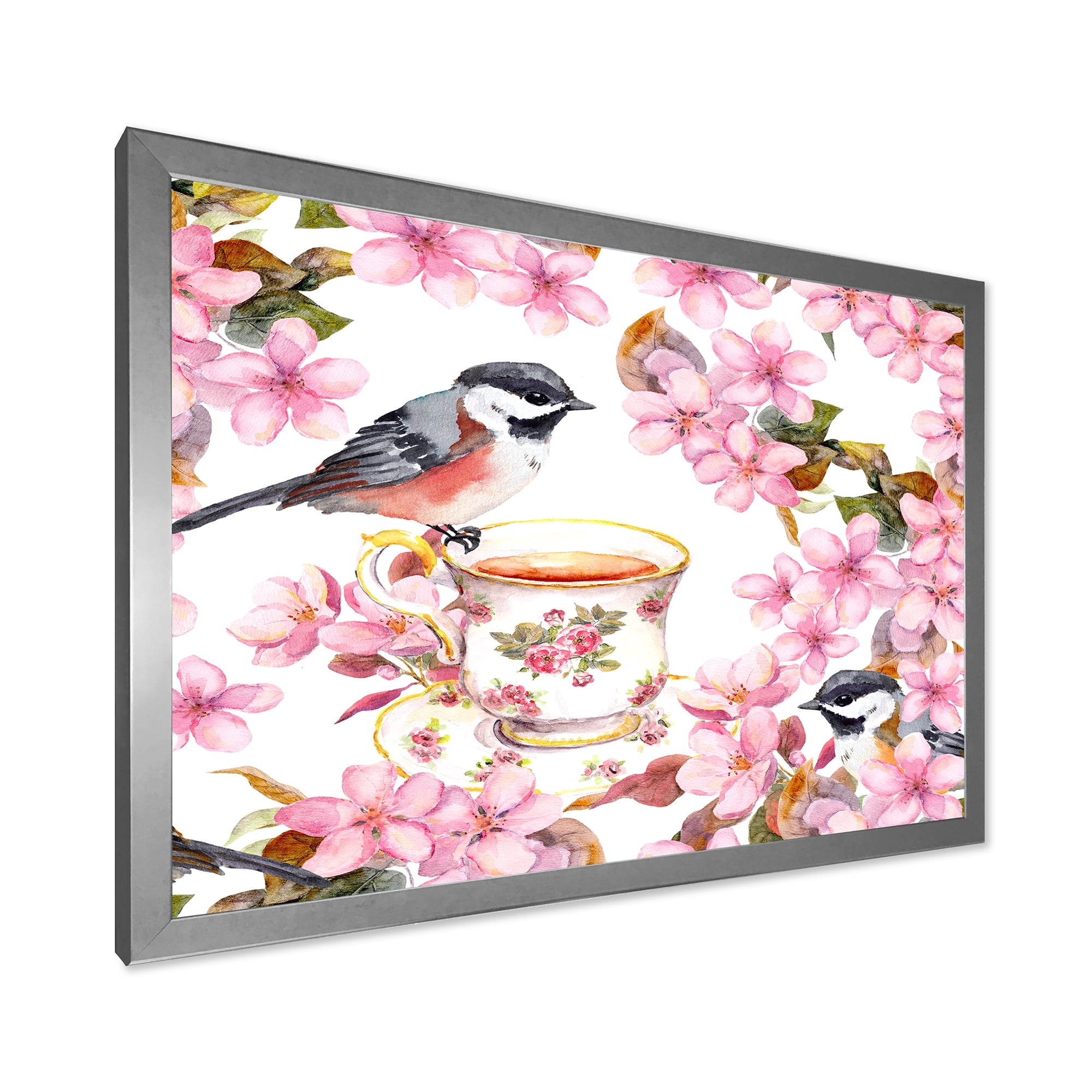 Designart 'Tea Cup Birds and Pink Flowers' Traditional Framed Art Print