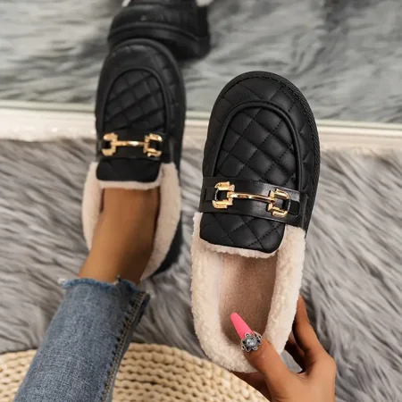 

Women‘s Metal Buckle Decor Warm Fleece Loafers Faux Leather Slip On Shoes Women‘s Footwear
