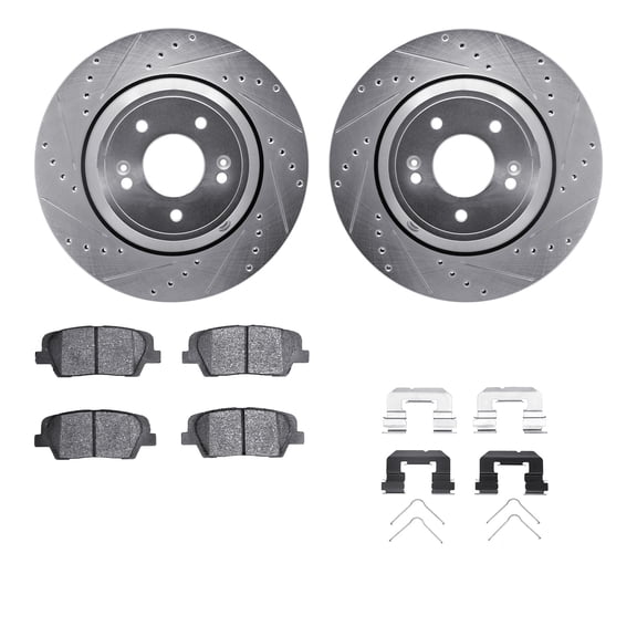 Dynamic Friction Company Rear Brake Rotors-Drilled and Slotted-Silver with 5000 Advanced Brake Pads includes Hardware 7512-03104