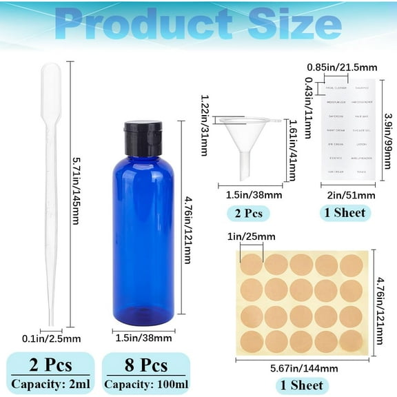 1 set 6Pcs 3.4oz/100ml Empty Travel Size Bottles Blue Squeezable Leakproof Plastic Cosmetic Container Flip Top Caps Bottles with 2Pcs Funnel 2Pcs Dropper and Label Stickers for Toiletries Shampoo