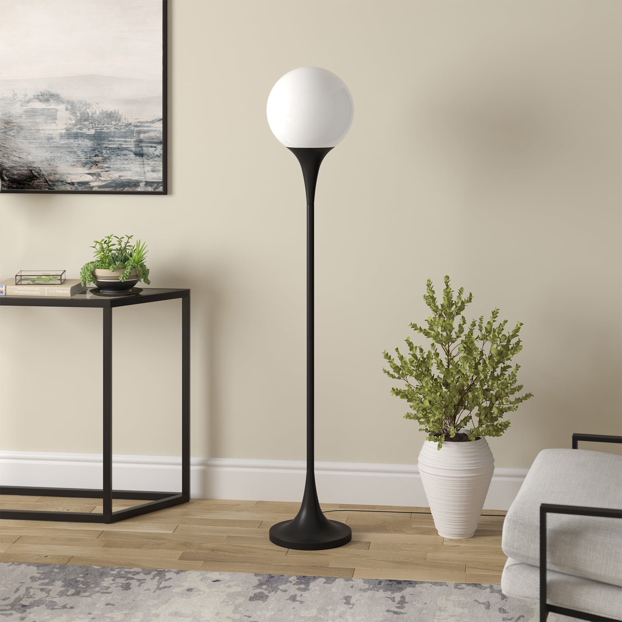 Mahdi Torchiere Floor Lamp with Glass Shade in Blackened Bronze/White Milk