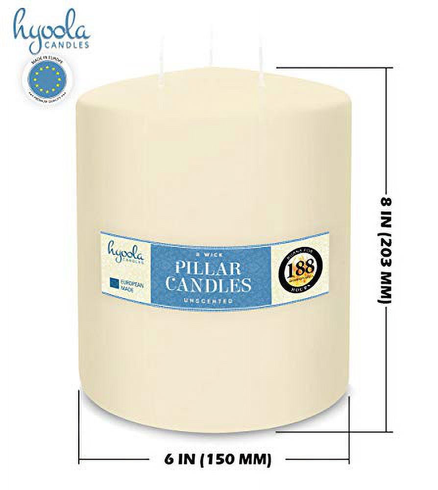 Hyoola 6" x 8" Ivory Unscented European Made 3-Wick Pillar Candles, Dripless Paraffin Wax with Smokeless Cotton Wicks