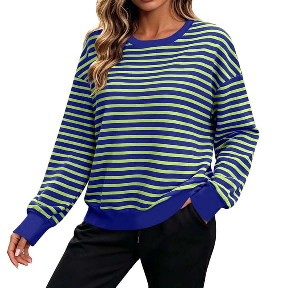 HOMBOM Womens Sweatshirts Comfort Colors Crew Neck Long Sleeve Drop Shoulder Trendy Striped Winter Sweat Shirts for Ladies Fashion Outfits