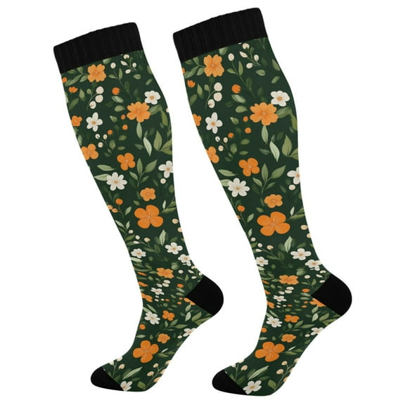 FORMRS Womens Knee High Socks Casual Long Thick Travel Daily Wear, 1 Pair, Orange Flowers