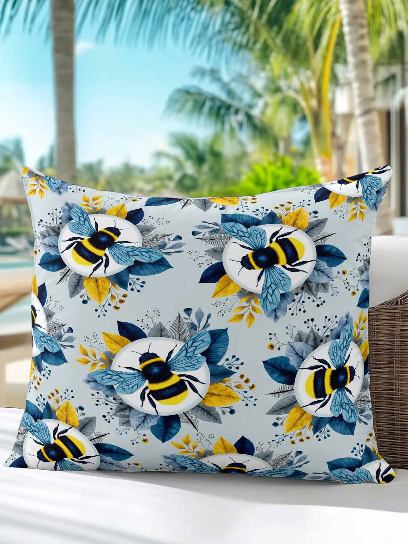 1 Pack Outdoor Throw Pillow, Gray Blue Bees Farmhouse Waterproof Pillow with Insert Included, Spring Summer Botanical Flowers Decorative Accent Cushion Sofa Pillows for Patio Porch, 16 x 16 In