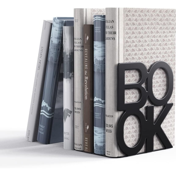 3D Letter BOOK Metal Bookends for Shelves, Heavy Duty Matte Black Integrated Book Ends, Space Saving Desk Decor Ornament Gift for Students & Book Lovers