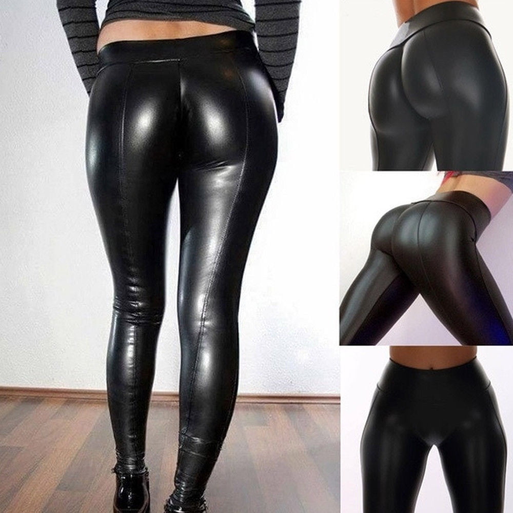 New Women Solid Black Slim Leather Pants Casual Stretch Pencil Trousers Leggings