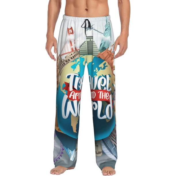 Balery Travel Around The World Pantalones de pijama para hombre, pijama ultraligero, pantalón de descanso-Large